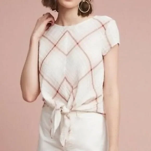 Anthropologie Cloth & Stone Mina Cream/Purple/Peach Gauze Self Tie Top Sz S - Picture 1 of 9